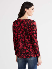 Floral Print V-Neck Top Color Red Pop Combo