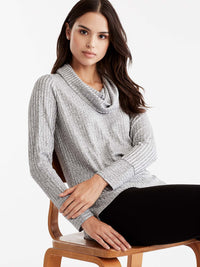 Grey Shiny Ribbed Cowl Neck Top Color Grey