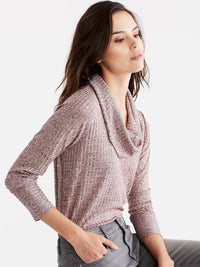 Macaron Shiny Ribbed Cowl Neck Top Color Pink