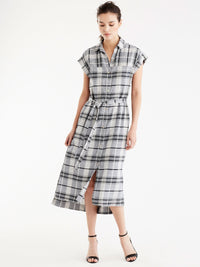Linen Twill Plaid Shirtdress Color Indigo Combo