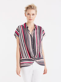 Striped Twist Hem Shirt Color Deep Pink Vertical Stripes