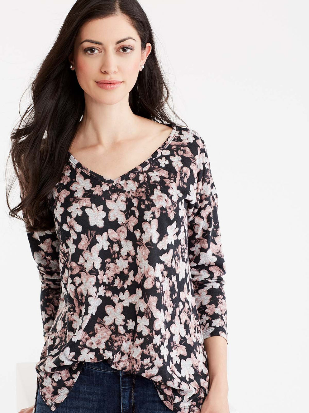 Floral Print V-Neck Top Color Macaron Combo