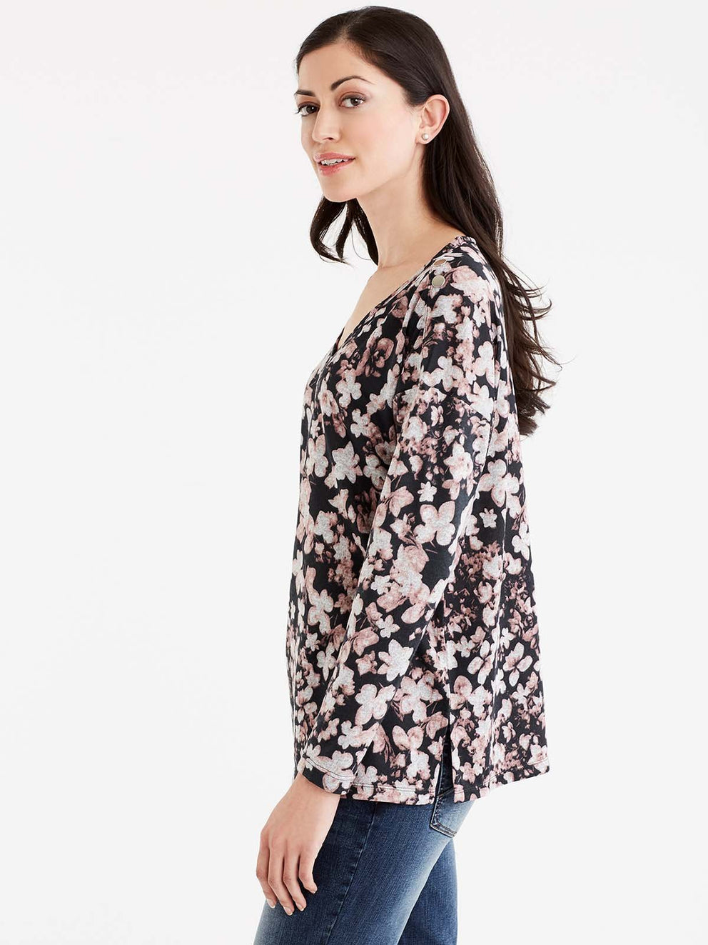Floral Print V-Neck Top Color Macaron Combo