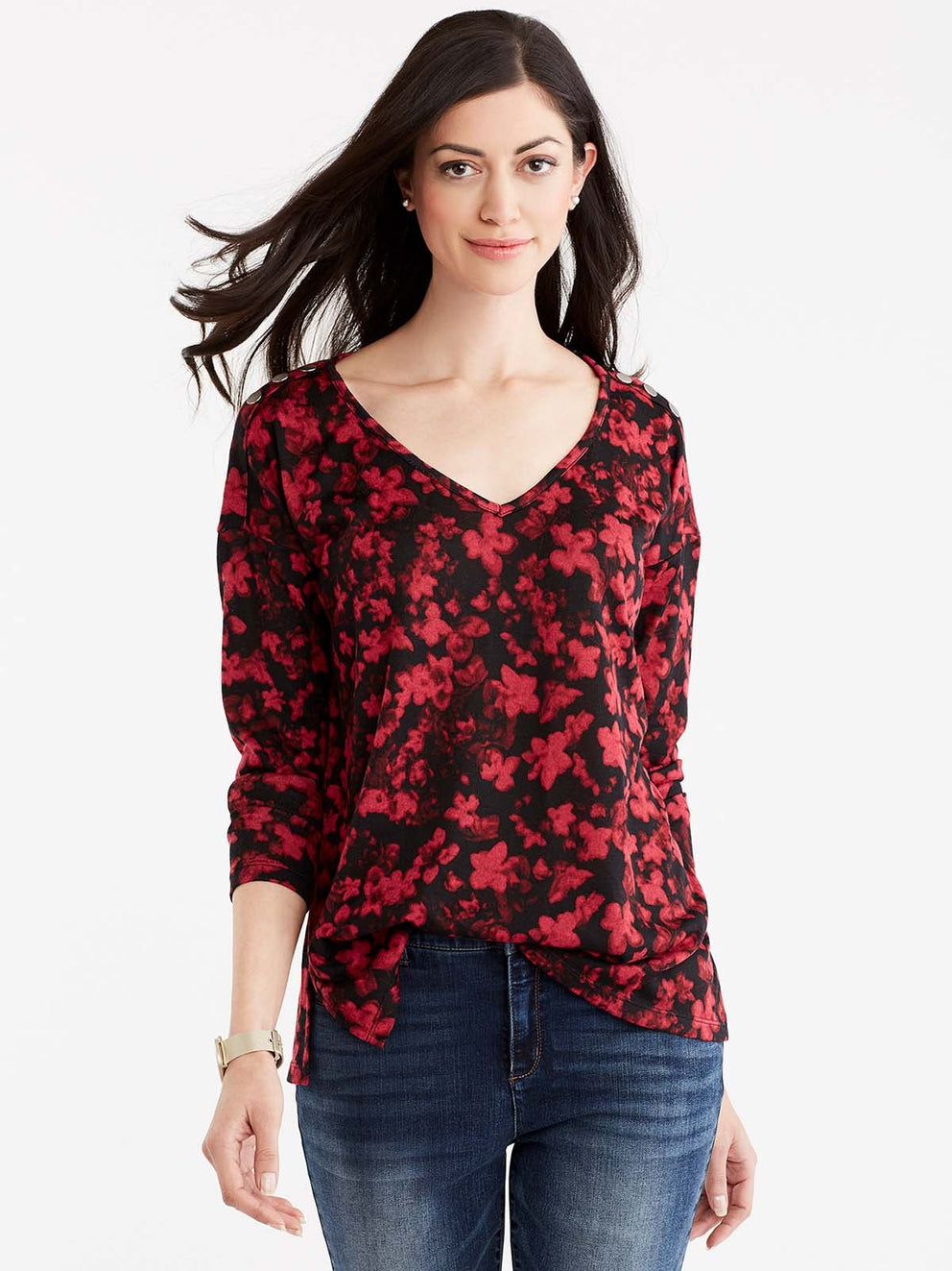Floral Print V-Neck Top Color Red Pop Combo