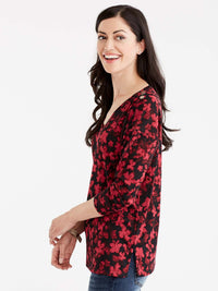 Floral Print V-Neck Top Color Red Pop Combo