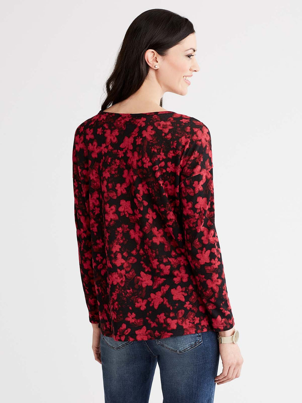Floral Print V-Neck Top Color Red Pop Combo
