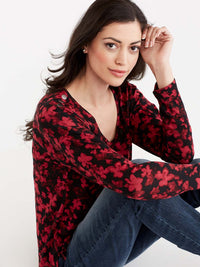 Floral Print V-Neck Top Color Red Pop Combo