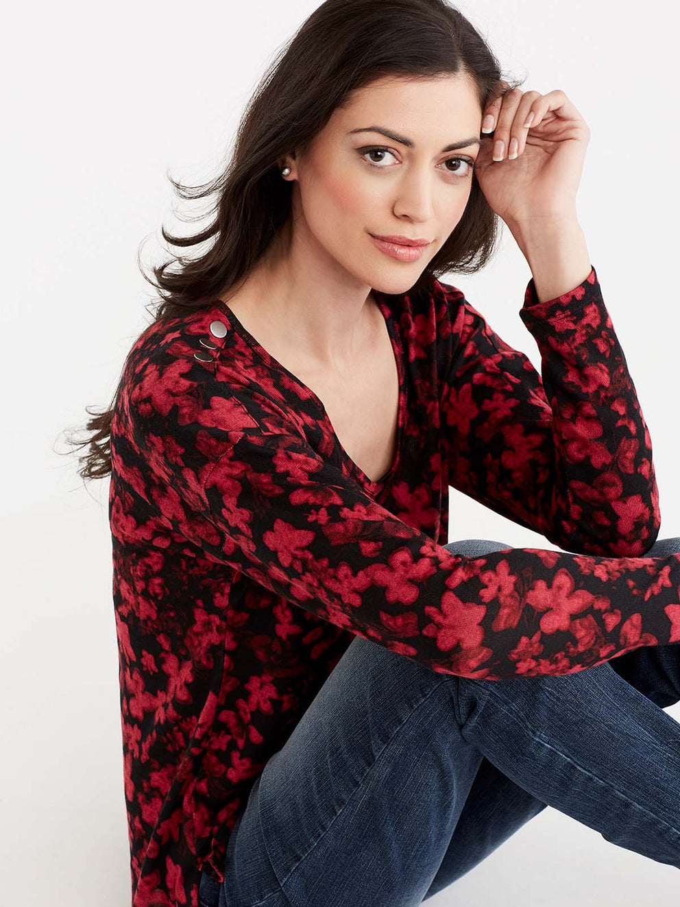 Floral Print V-Neck Top Color Red Pop Combo