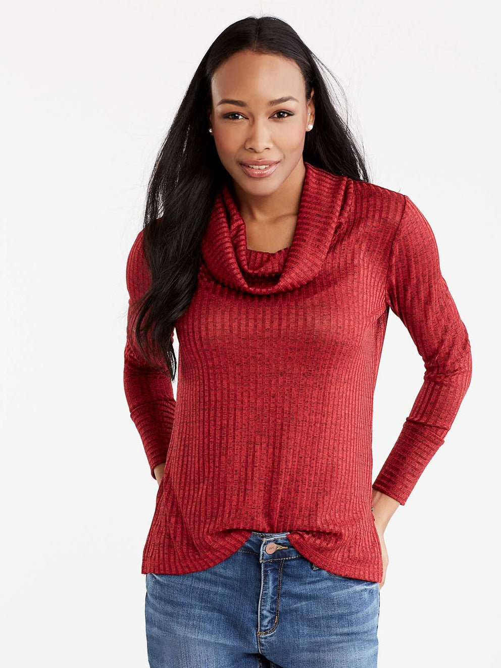 Shiny Ribbed Cowl Neck Top Color Pop Red Combo