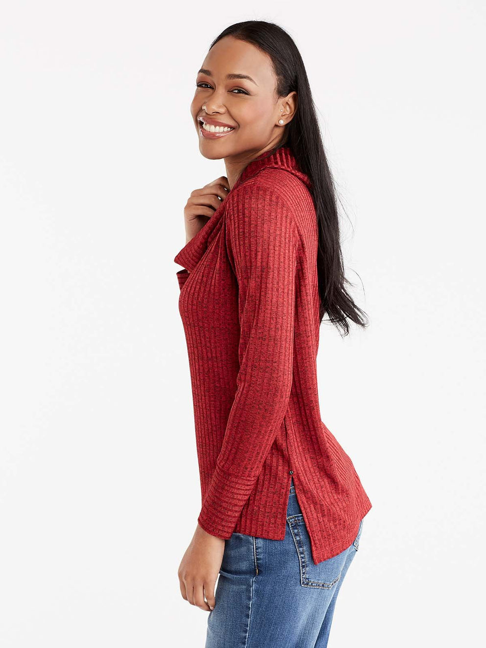 Shiny Ribbed Cowl Neck Top Color Pop Red Combo