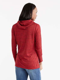 Shiny Ribbed Cowl Neck Top Color Pop Red Combo