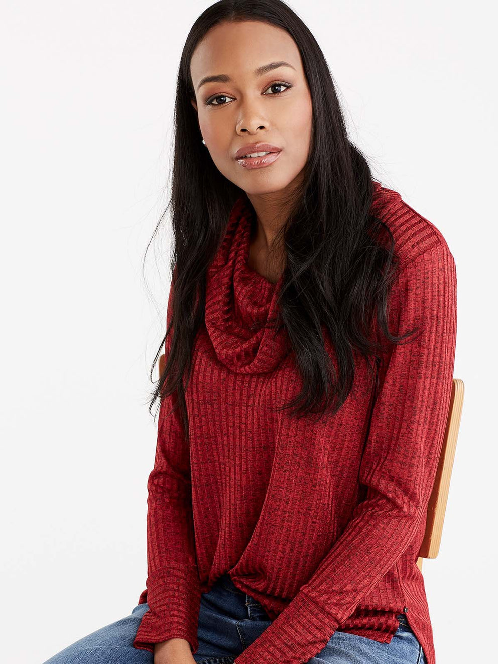 Shiny Ribbed Cowl Neck Top Color Pop Red Combo