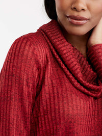 Shiny Ribbed Cowl Neck Top Color Pop Red Combo