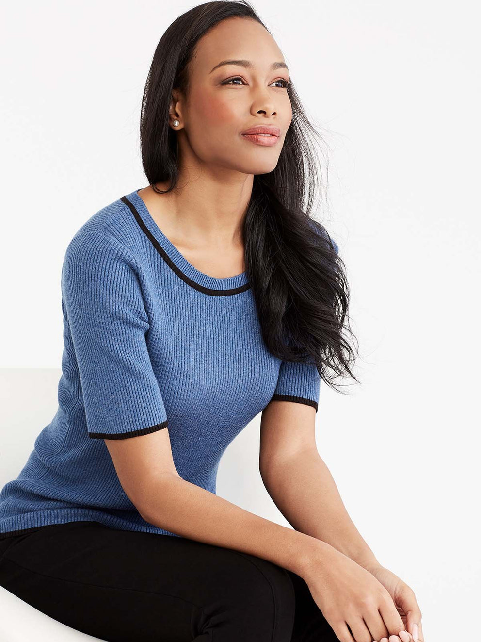 Contrast Trim Ribbed Tee Color Storm Heather