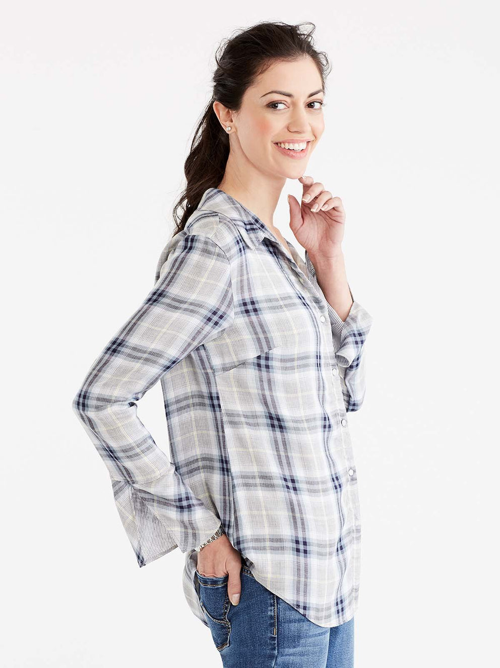Plaid Lace-Back Shirt Color Storm