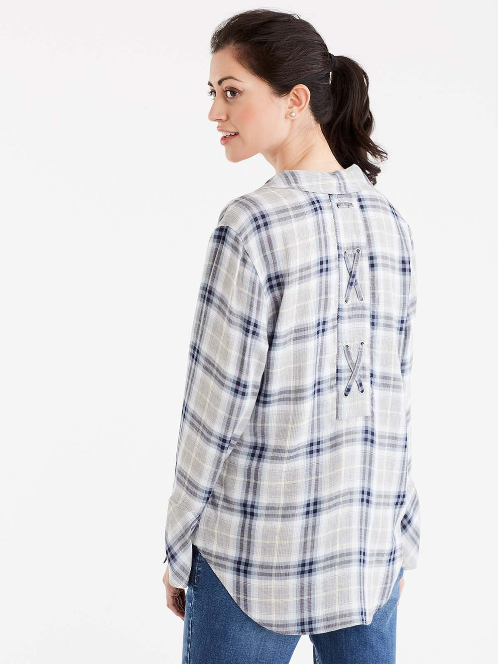 Plaid Lace-Back Shirt Color Storm