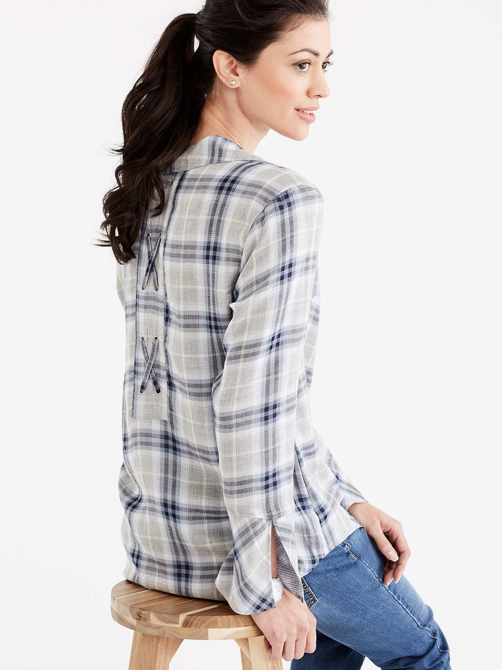 Plaid Lace-Back Shirt Color Storm