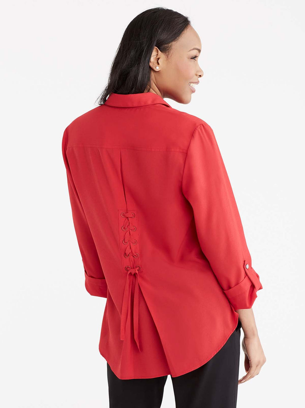 Lace-Up Roll Tab Shirt Color Pop Red