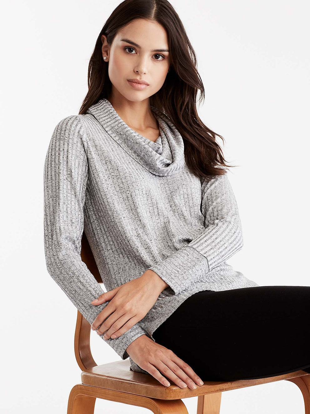Grey Shiny Ribbed Cowl Neck Top Color Grey