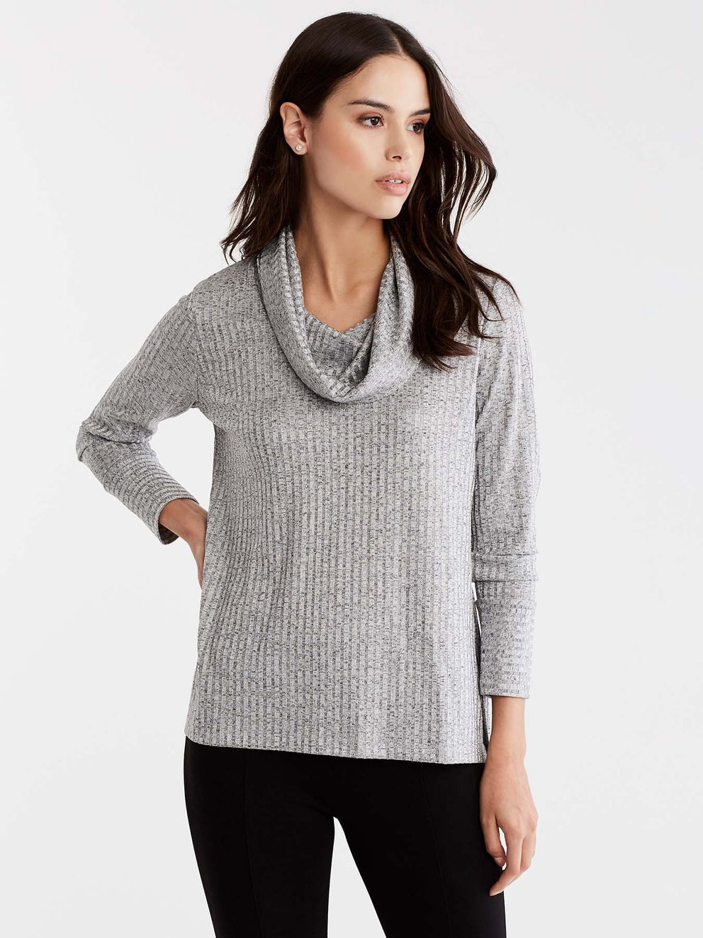 Grey Shiny Ribbed Cowl Neck Top Color Grey