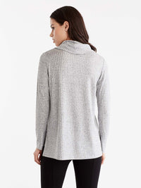 Grey Shiny Ribbed Cowl Neck Top Color Grey