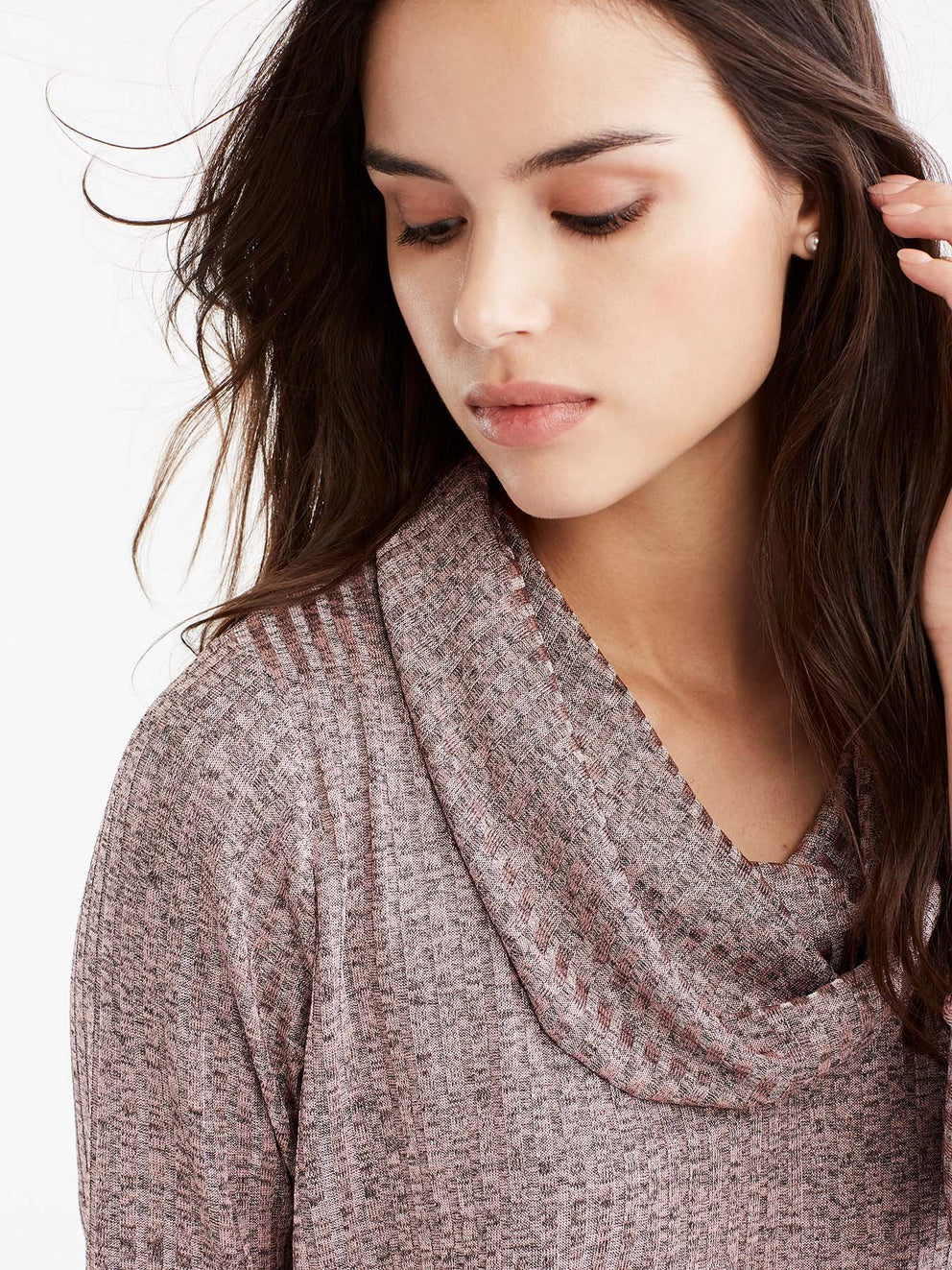 Macaron Shiny Ribbed Cowl Neck Top Color Pink