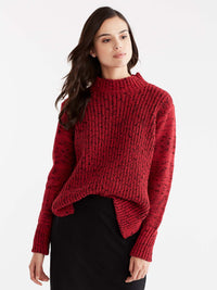 Hi-Lo Mock Neck Boucle Sweater Color Red