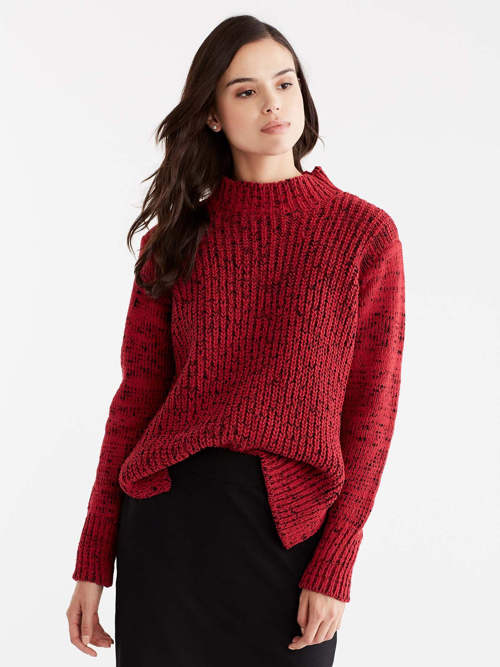 Hi-Lo Mock Neck Boucle Sweater Color Red