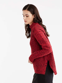 Hi-Lo Mock Neck Boucle Sweater Color Red