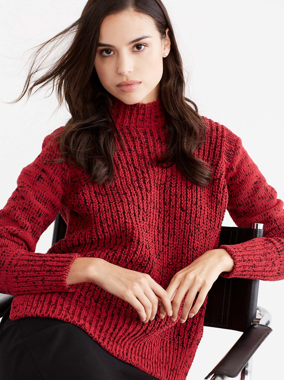 Hi-Lo Mock Neck Boucle Sweater Color Red