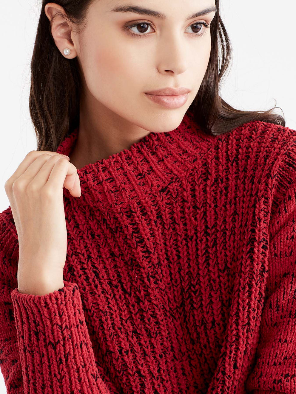 Hi-Lo Mock Neck Boucle Sweater Color Red