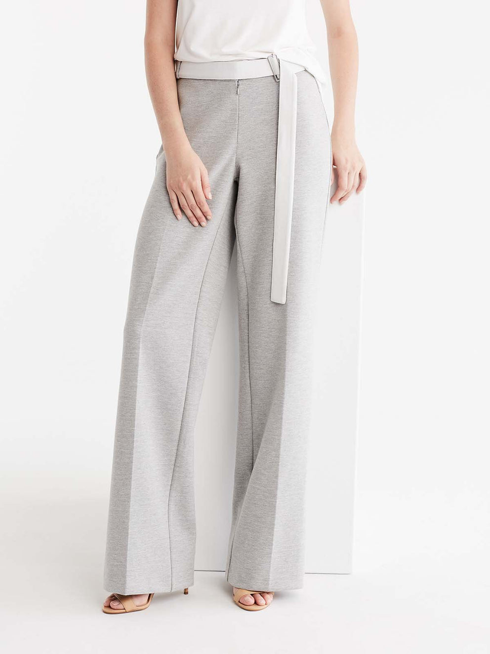 Belted Wide Leg Knit Trouser Color Silver Grey Heather