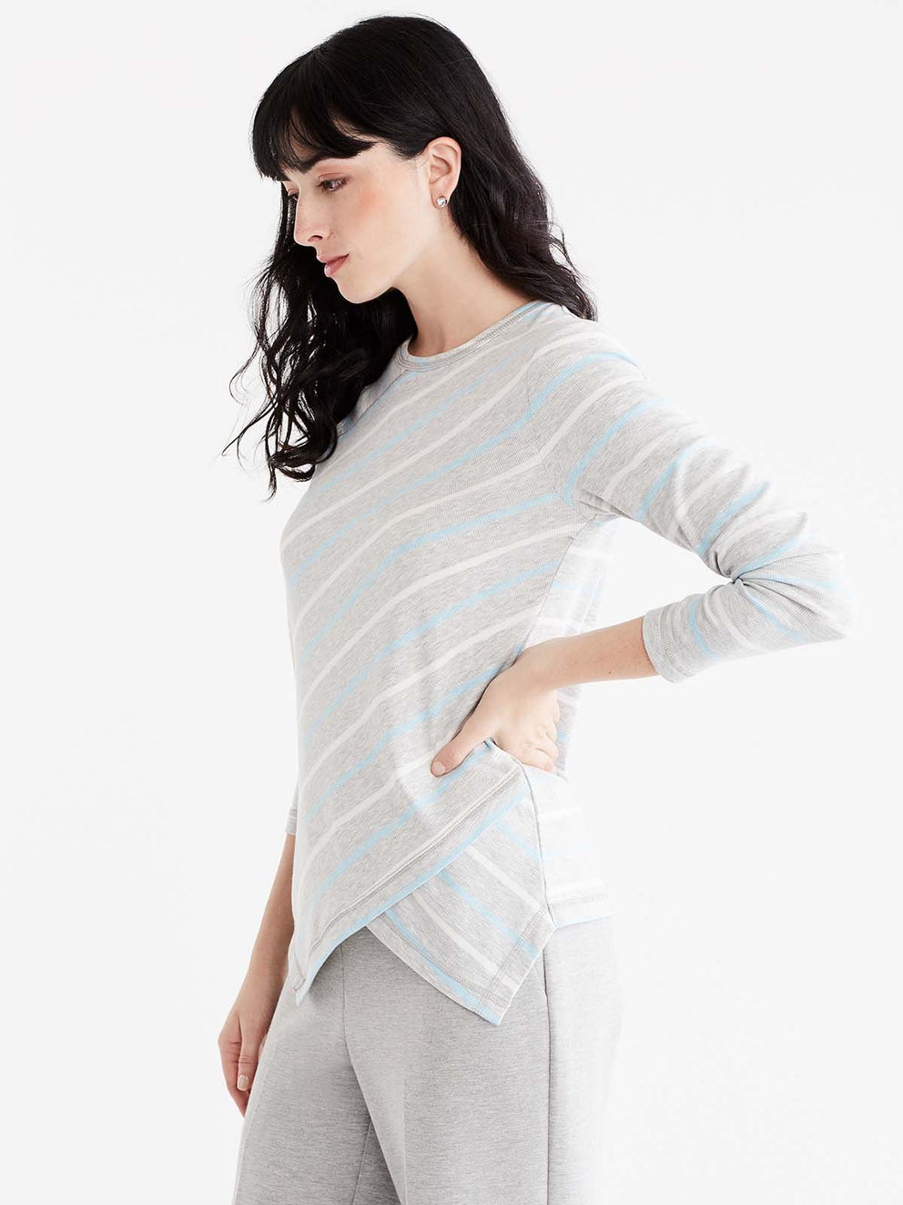 Striped Handkerchief-Hem Top Color Silver Grey Heather