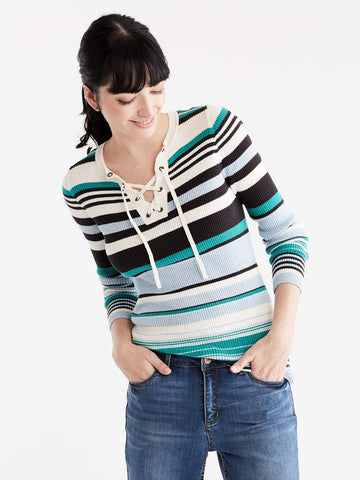 Multi-Stripe Lace Neck Top