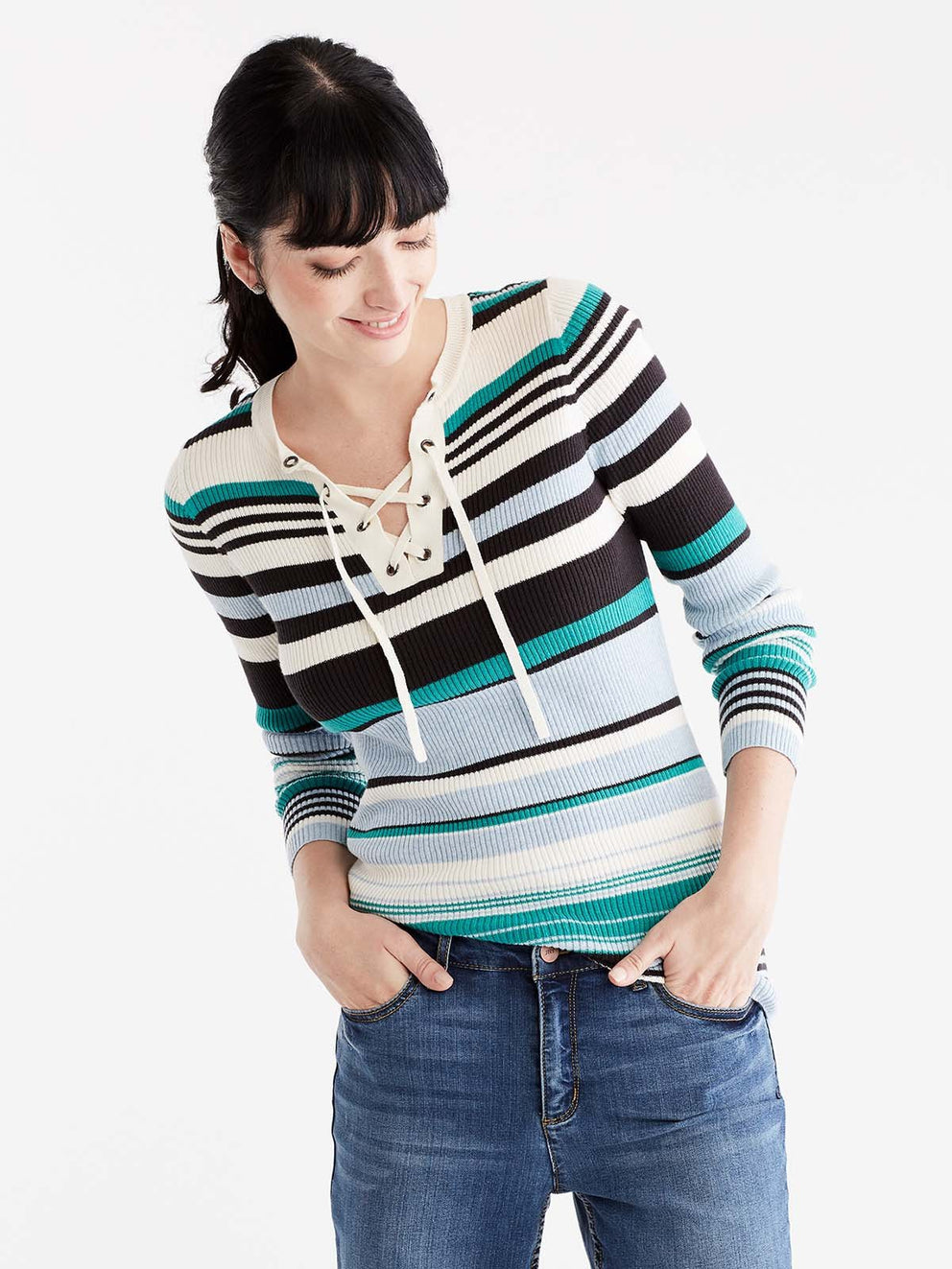 Multi-Stripe Lace Neck Top Color Jasper Multi