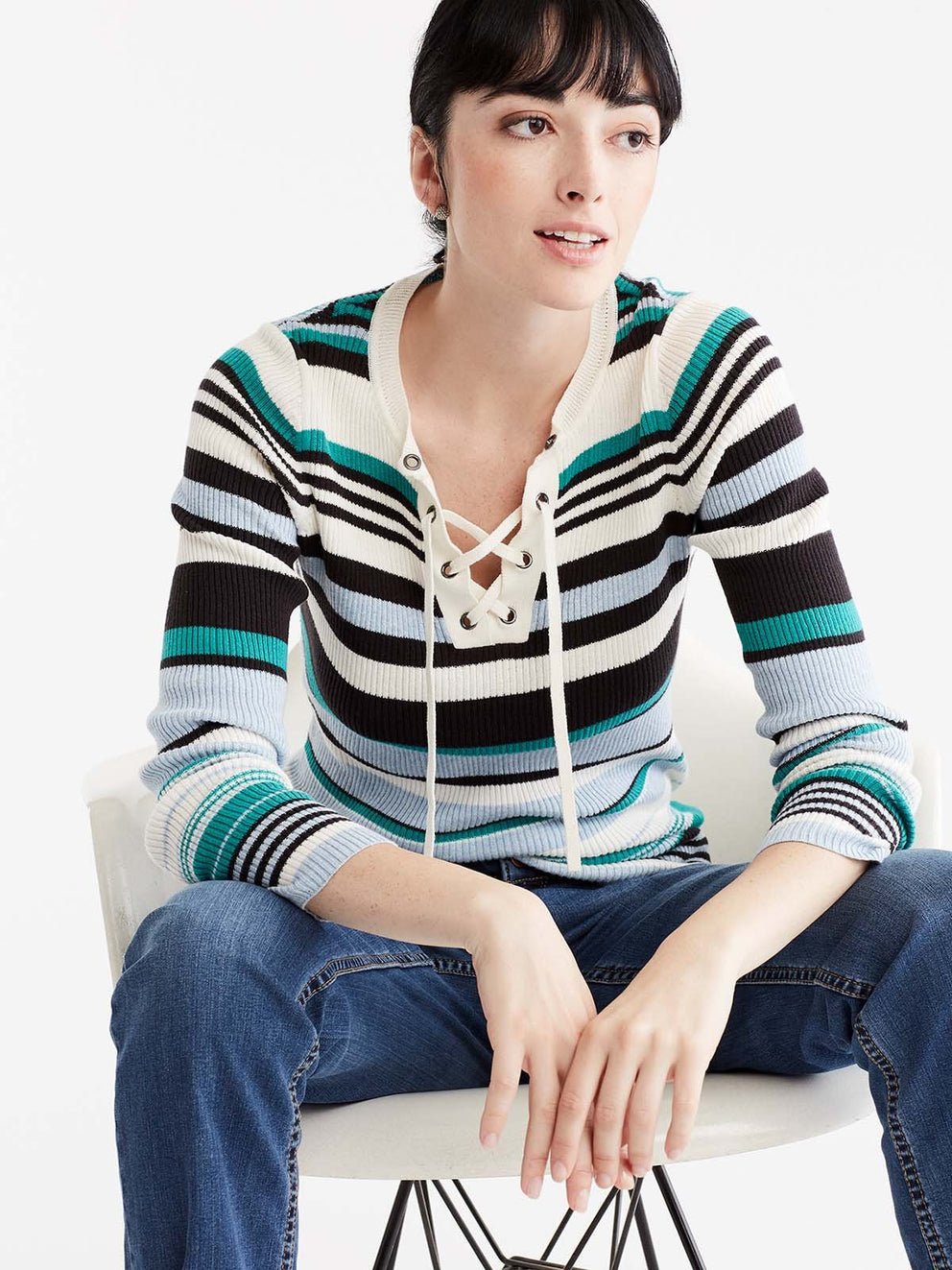 Multi-Stripe Lace Neck Top Color Jasper Multi