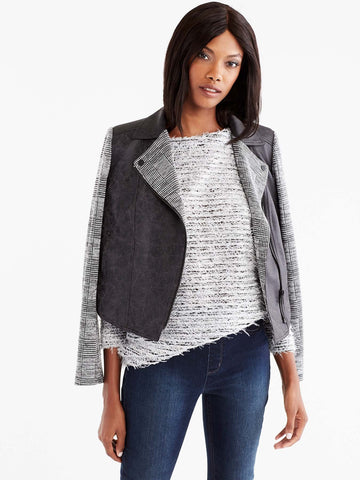 Moto Jacket With Plaid Knit Sleeves