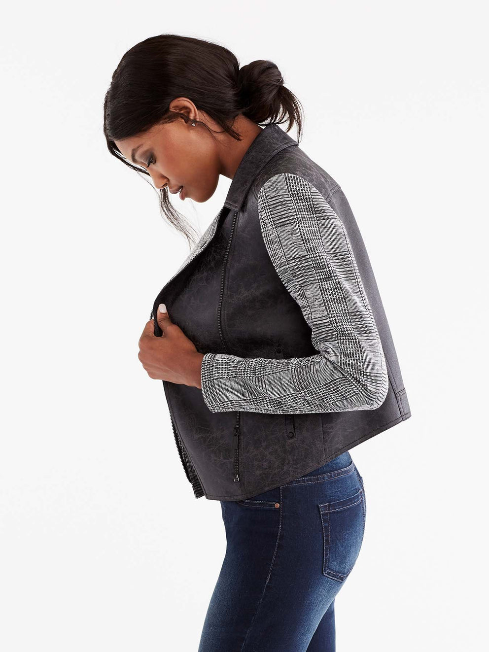 Moto Jacket with Knit Sleeves Color Black
