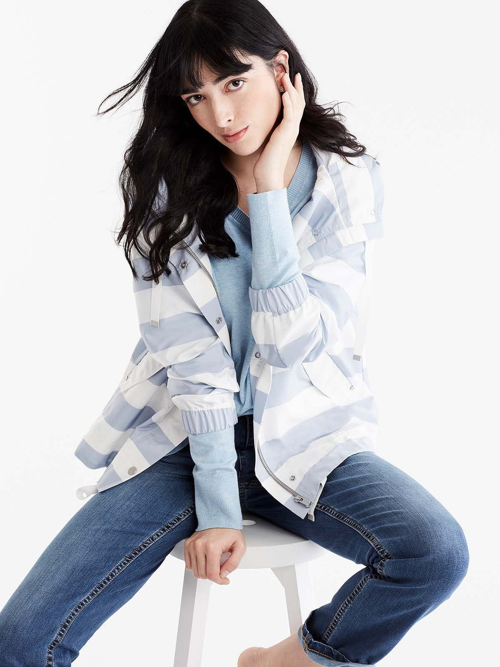 Hooded Striped Anorak Color Silver Grey Ivory