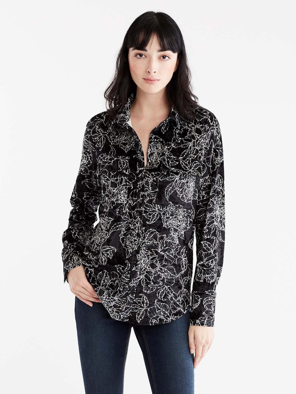 Foliage Print Crushed Velvet Shirt Color Black