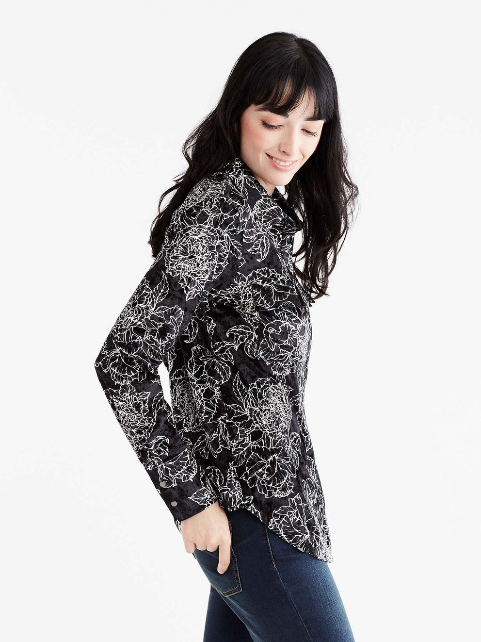 Foliage Print Crushed Velvet Shirt Color Black