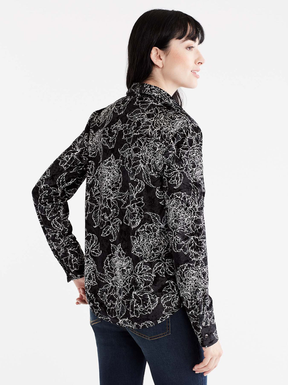 Foliage Print Crushed Velvet Shirt Color Black