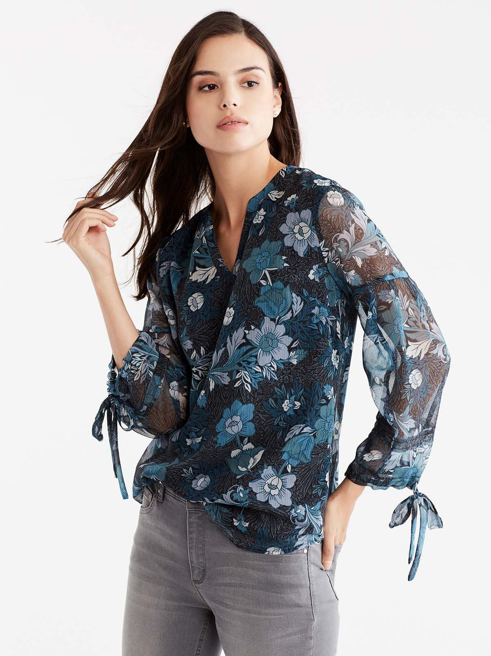 Romantic Tie-Sleeve Popover Color Storm Glacier