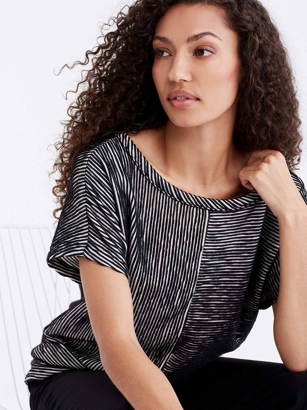 Boatneck Pinstripe Tee Color Black Ivory