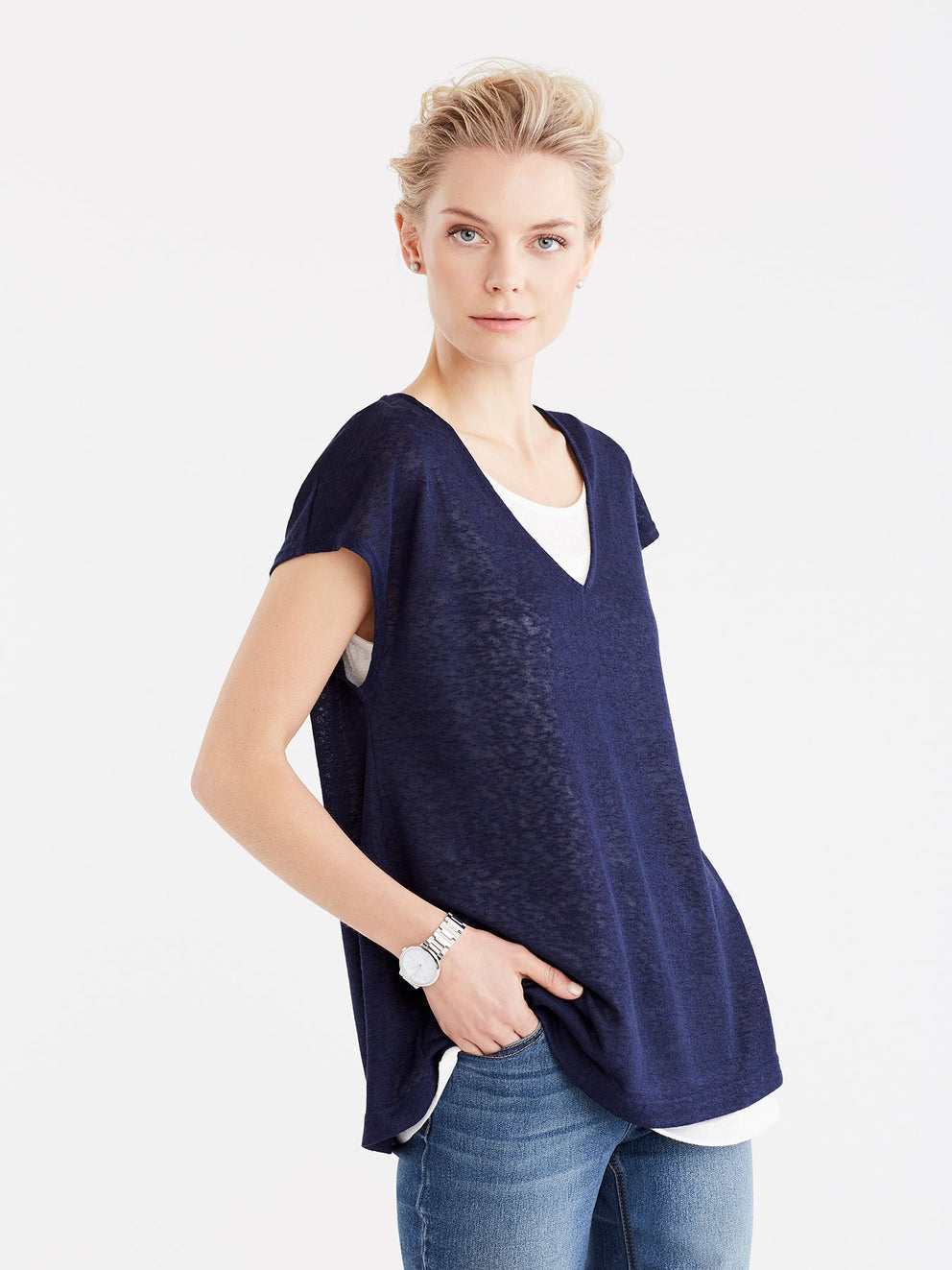 V-Neck Double Layer Tee Color Dark Indigo