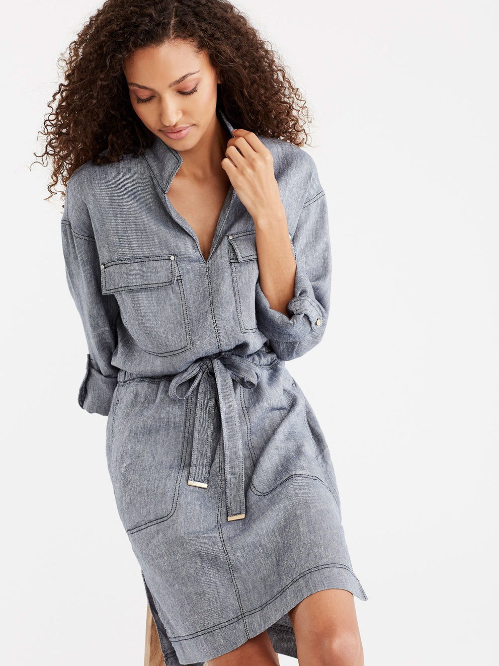 Pop-Collar Shirtdress Color Dark Indigo