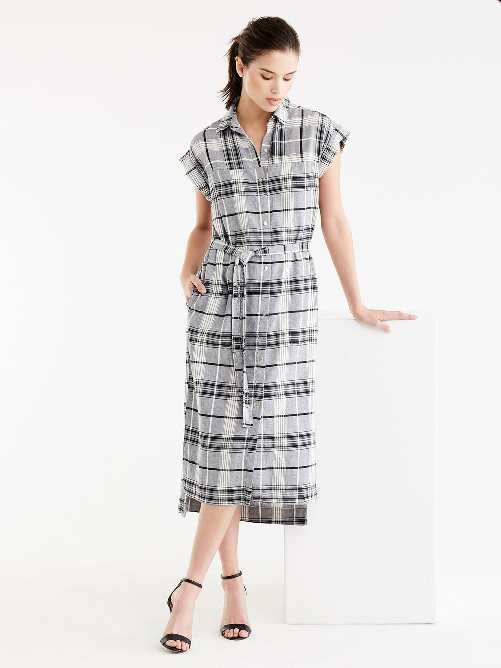 Linen Twill Plaid Shirtdress Color Indigo Combo