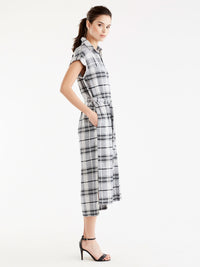 Linen Twill Plaid Shirtdress Color Indigo Combo