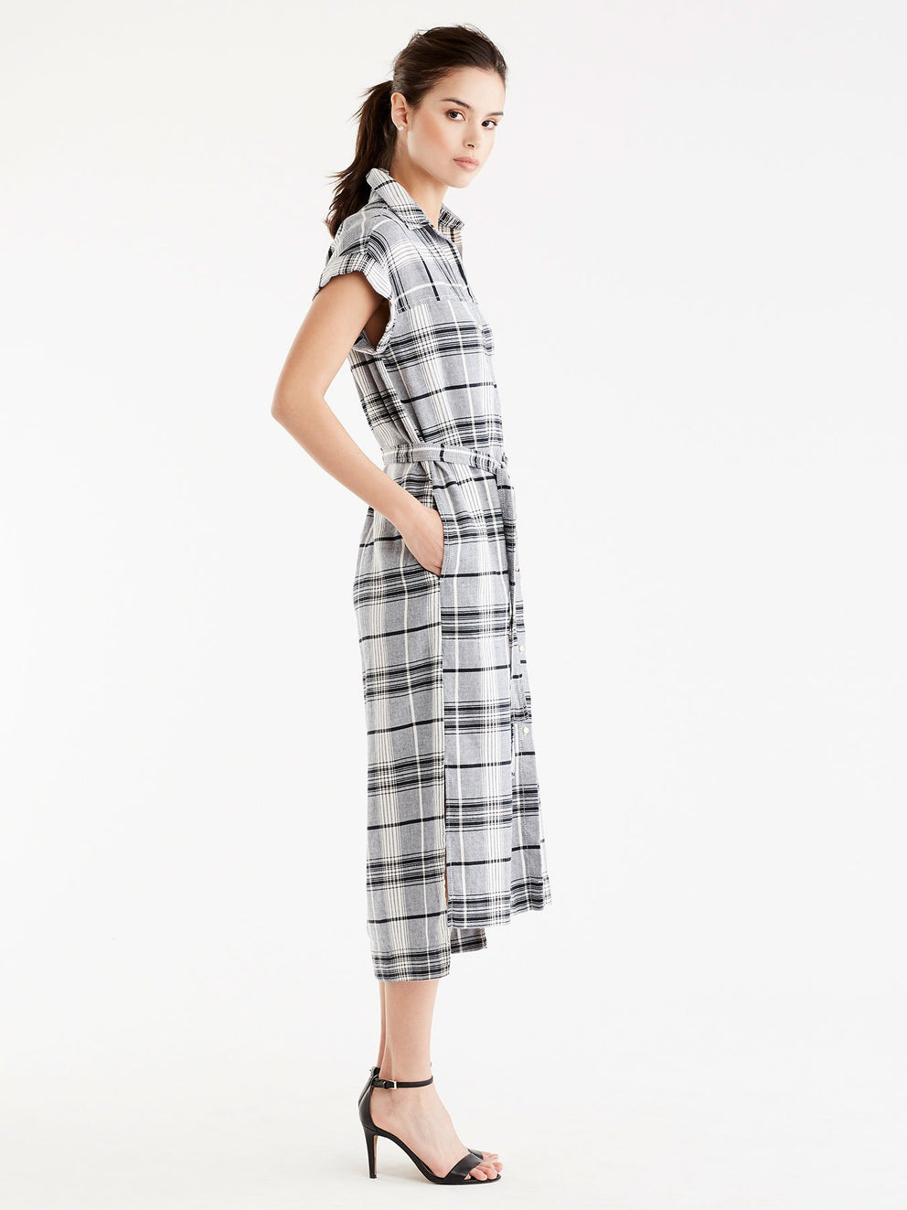 Linen Twill Plaid Shirtdress Color Indigo Combo
