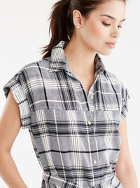 Linen Twill Plaid Shirtdress Color Indigo Combo